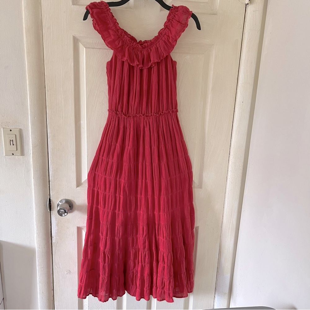 MAX STUDIO WASHED RED SLEEVELESS RUFFLED TIERED MIDI BOHO DRESS SIZE SMALL. NWT.